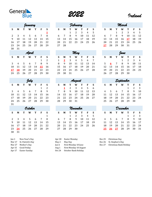 2022 Ireland Calendar With Holidays