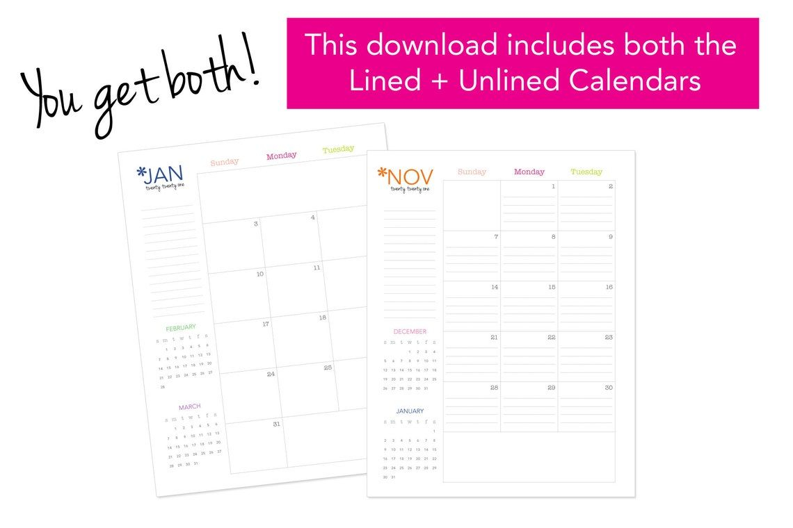 2022 Lined Calendar // Printable Planner Inserts Pdf | Etsy