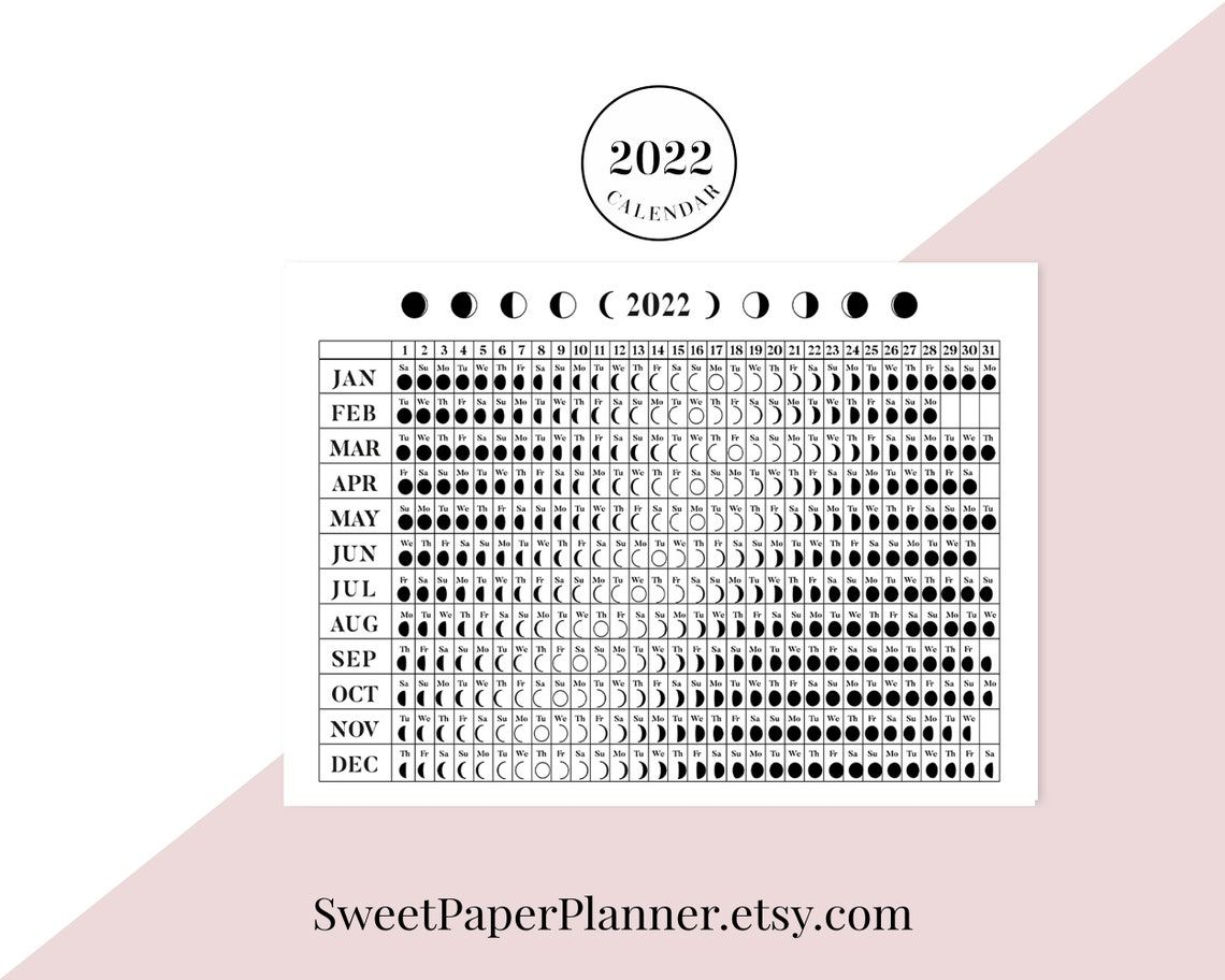 2022 Lunar Phase Wall Planner Printable Wall Calendar 2022