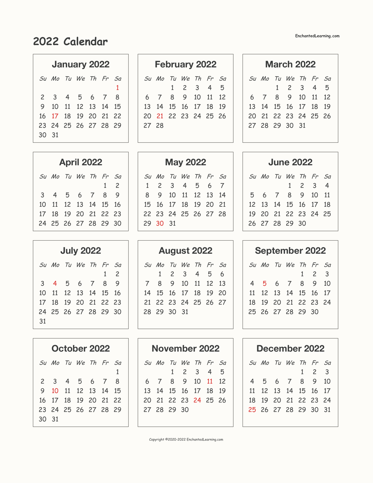 Universal Federal Calendar For 2022