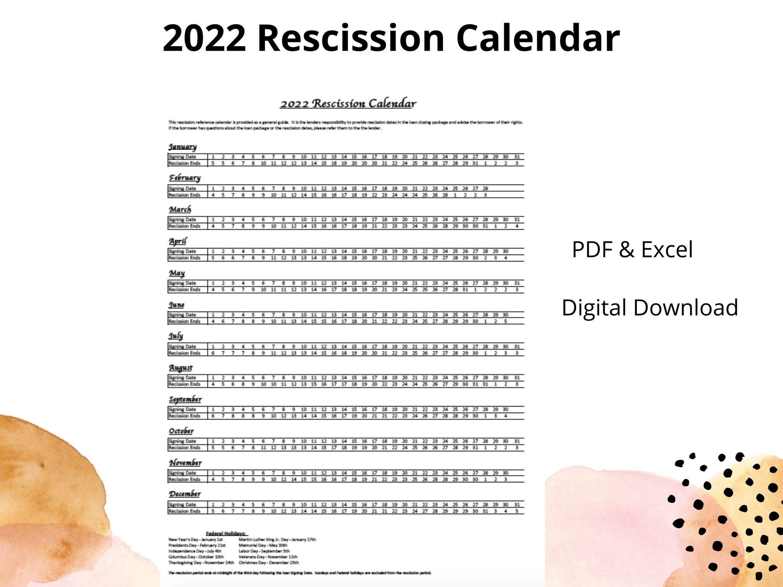 2022 Rescission Calendar For Loan Signing Agents Business