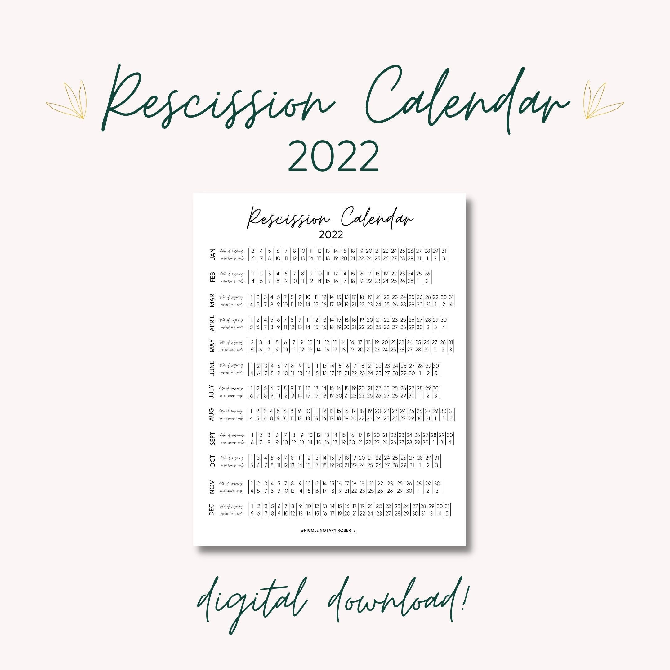 2022 Rescission Calendar For Loan Signings | Etsy Uk