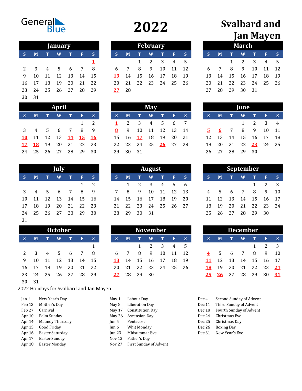 2022 Svalbard And Jan Mayen Calendar With Holidays