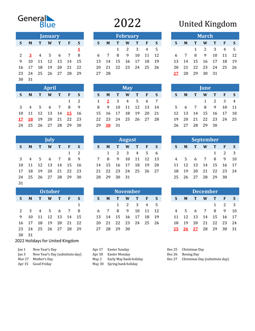 2022 United Kingdom Calendar With Holidays