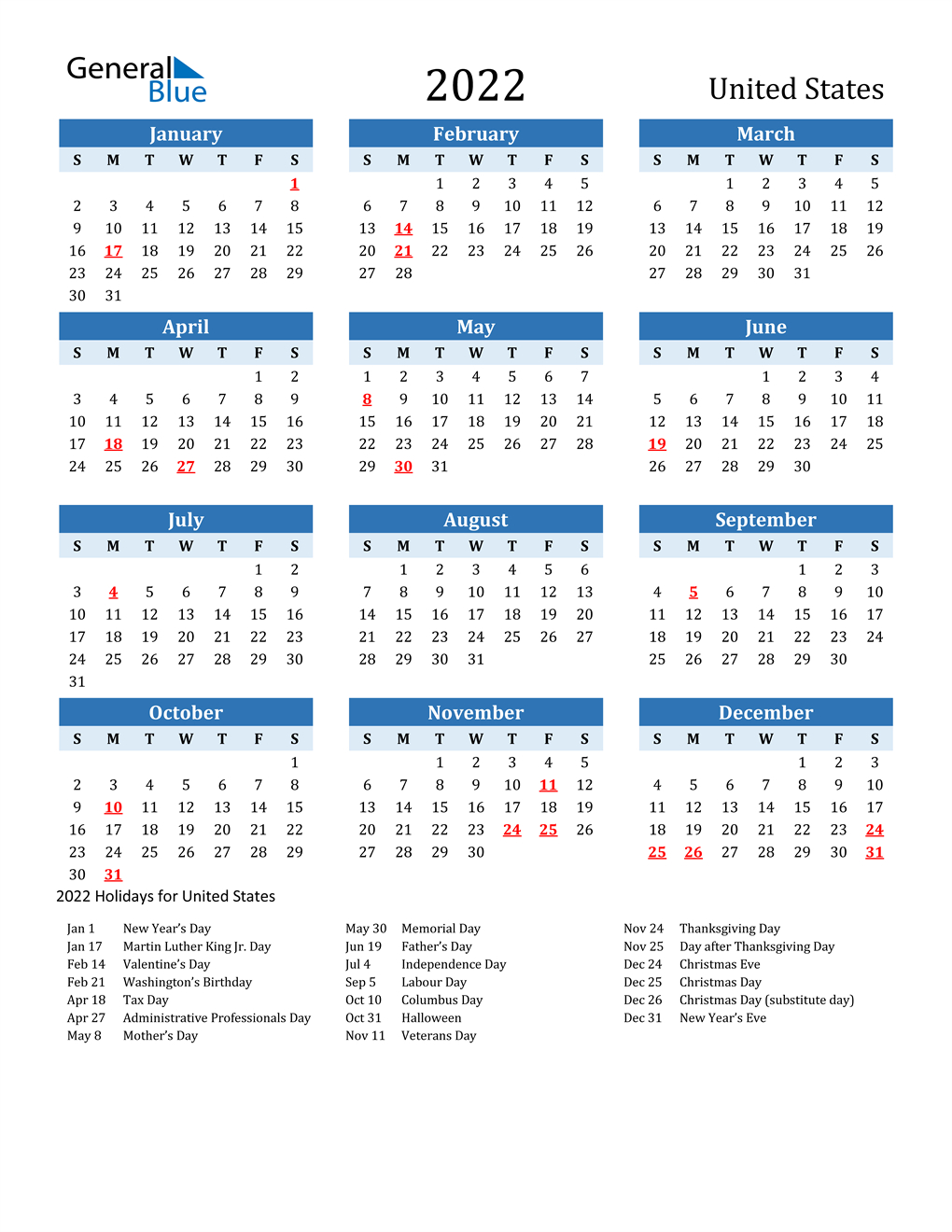 2022 United States Calendar With Holidays