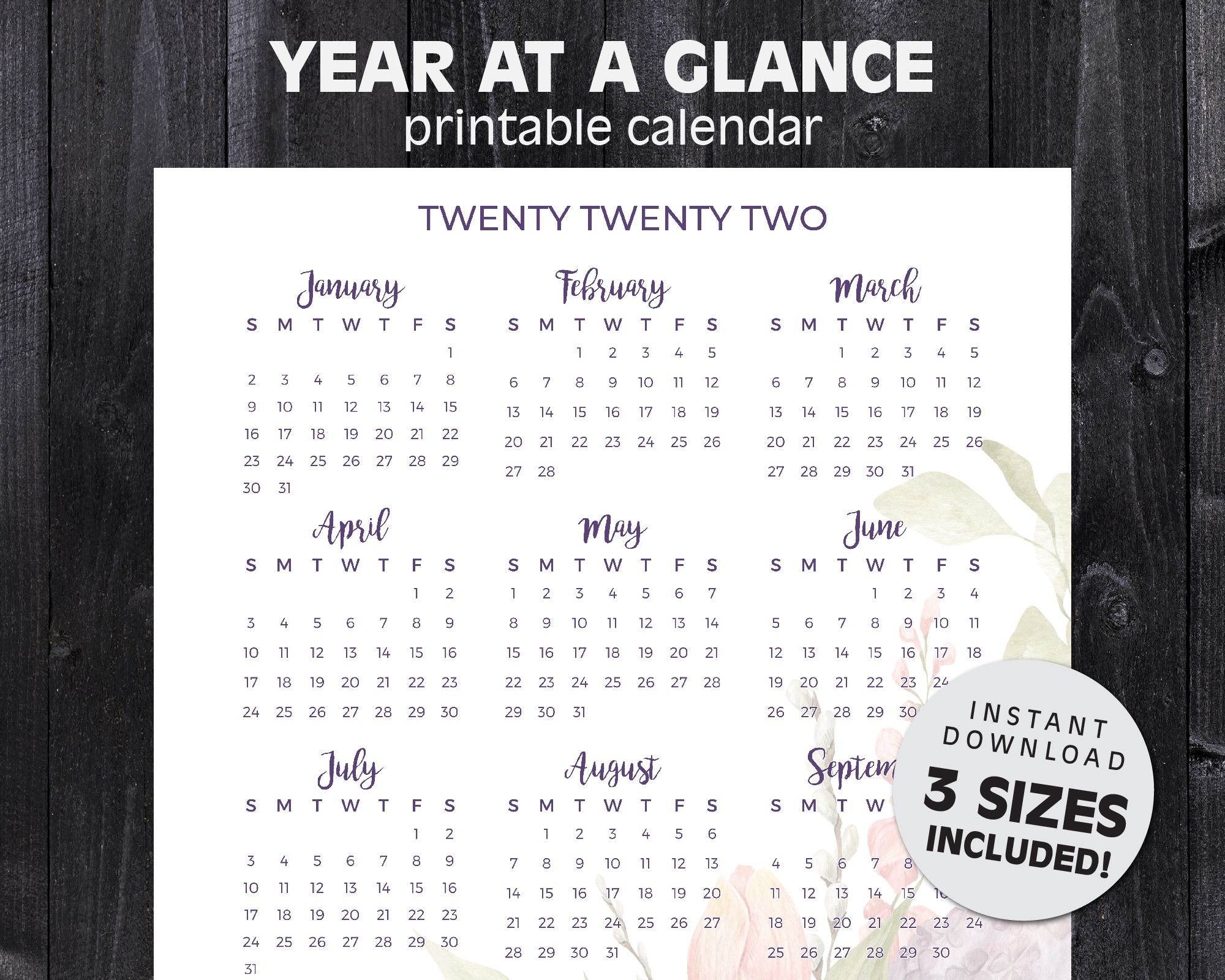 2022 Year At A Glance Calendar | Bouquet Floral