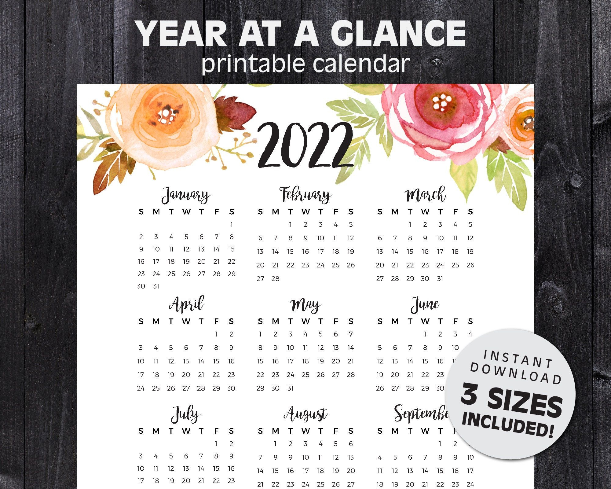 2022 Year At A Glance Calendar Printable Calendar Letter