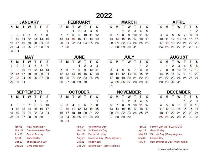 2022 Year At A Glance Calendar With Canada Holidays - Free