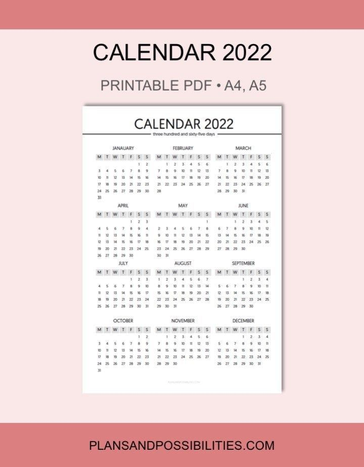 2022 Year Planner Calendar Insert Year On One Page A4 A5