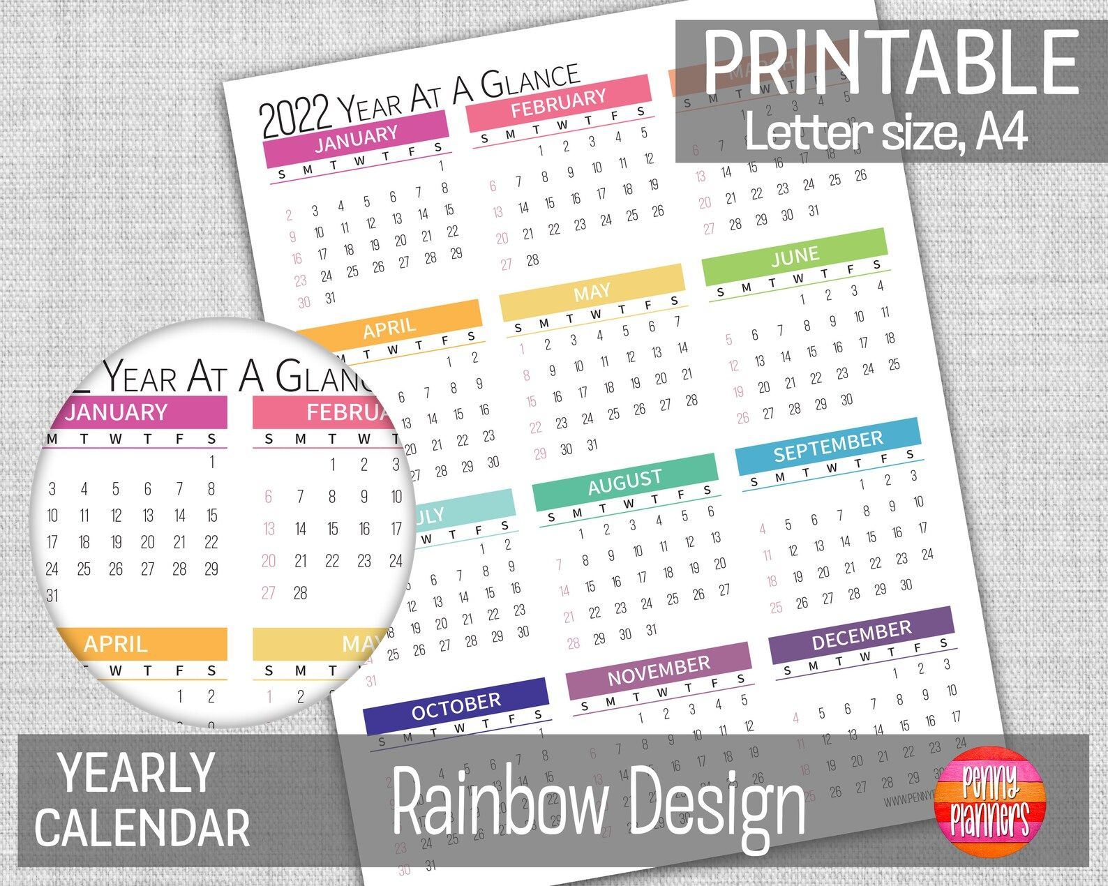 2022 Yearly Calendar 8.5X11 A4 Printable Color Block | Etsy