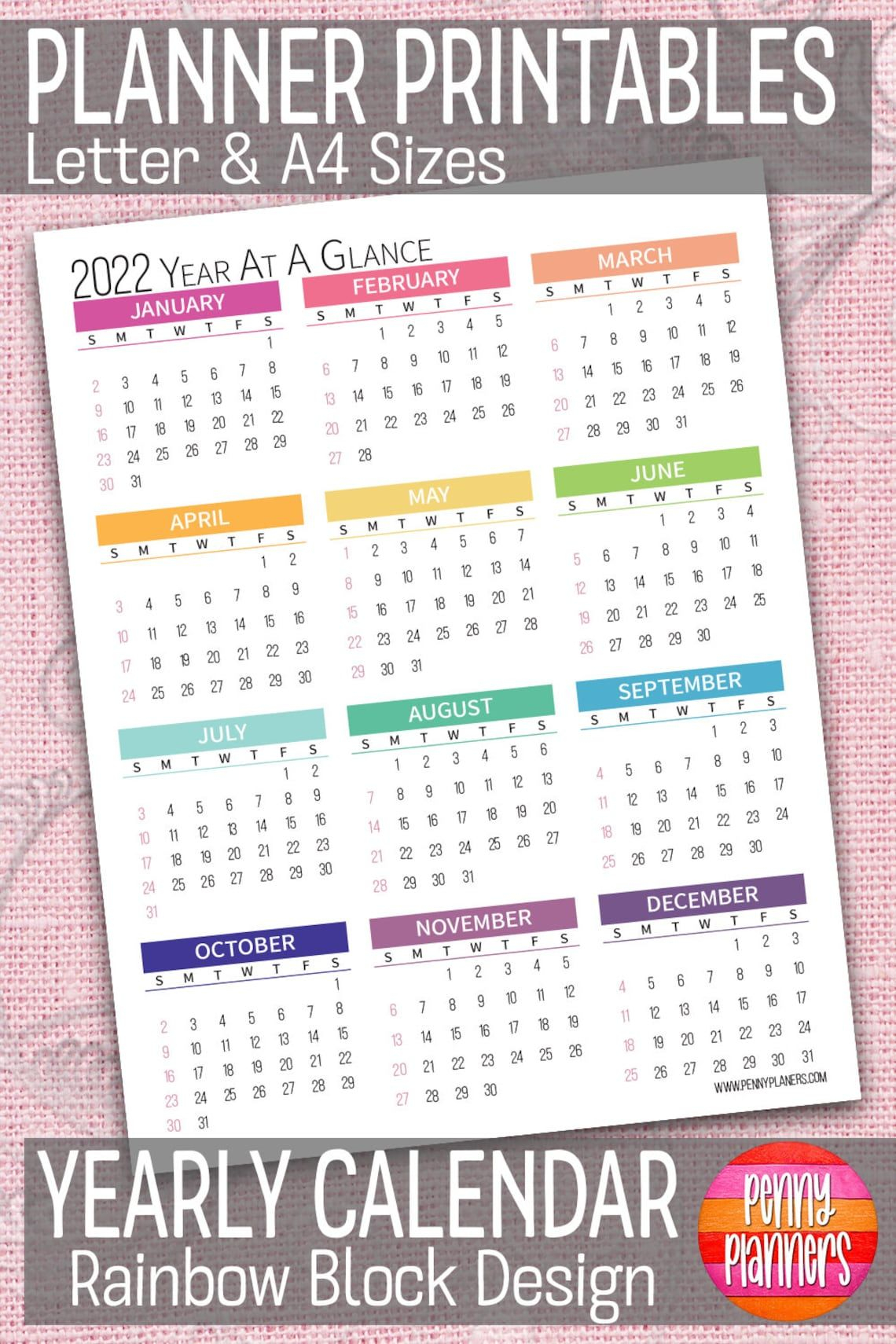 2022 Yearly Calendar 8.5X11 A4 Printable Color Block | Etsy