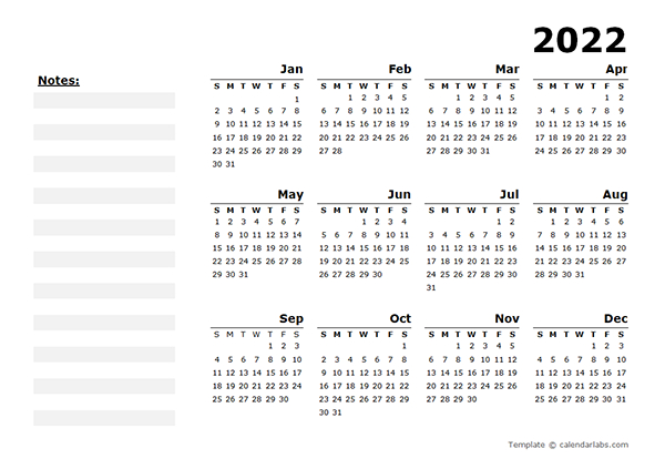 2022 Yearly Calendar Blank Minimal Design - Free Printable
