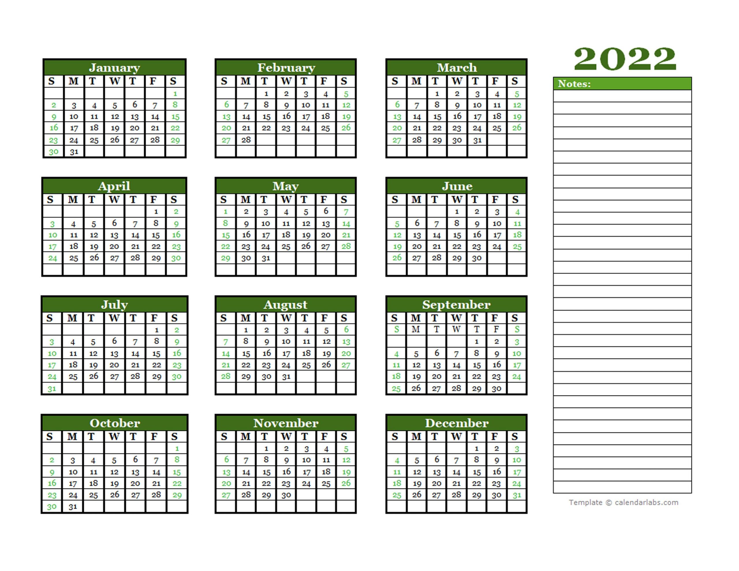 2022 Yearly Calendar With Blank Notes - Free Printable
