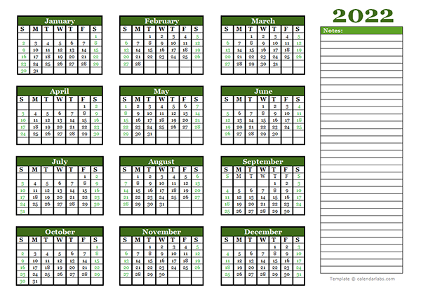 2022 Yearly Calendar With Blank Notes - Free Printable