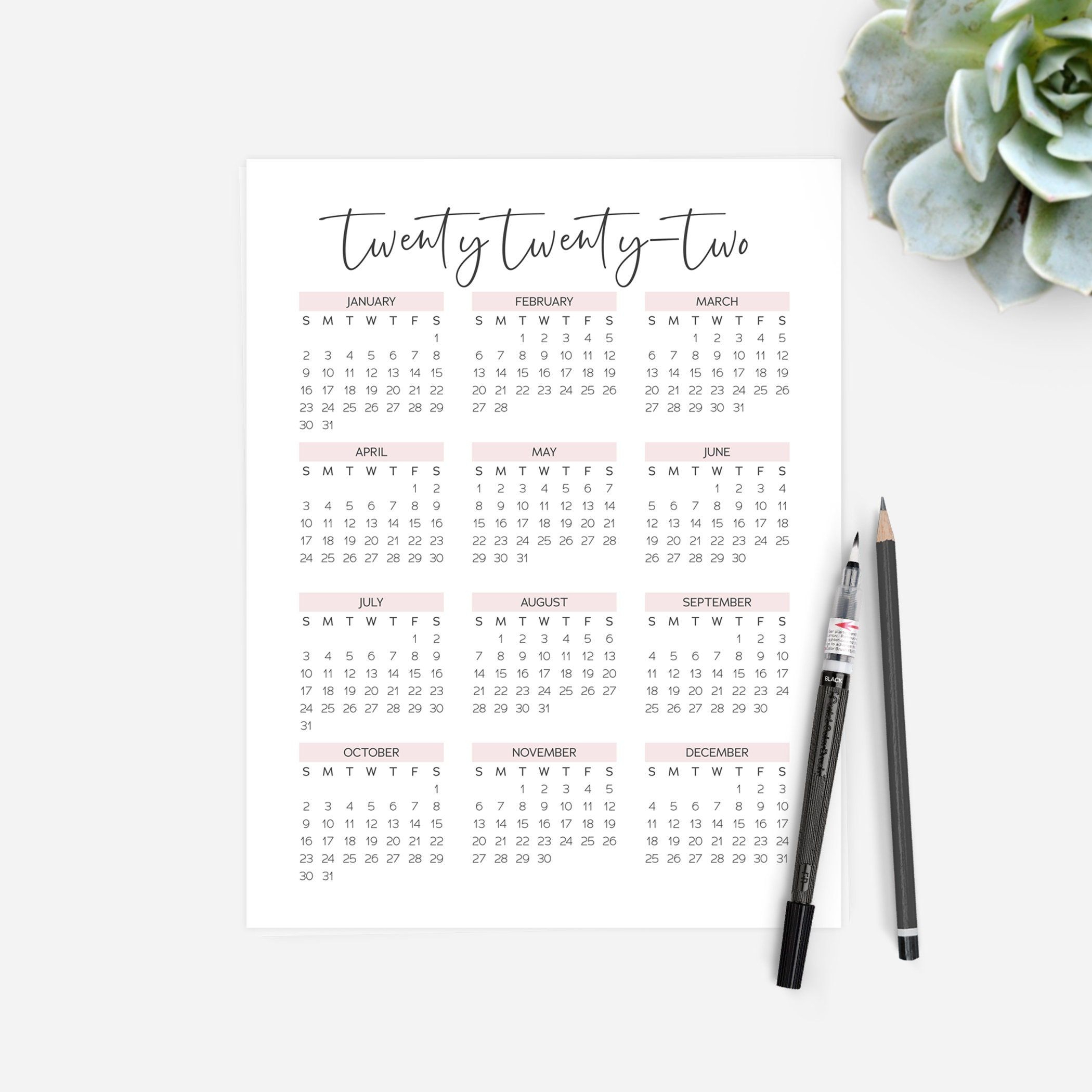 2022 Yearly Calendar Year At A Glance Calendar Blush Pink