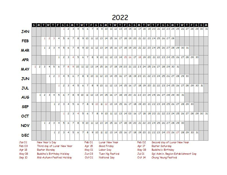 2022 Yearly Project Timeline Calendar Hong Kong - Free