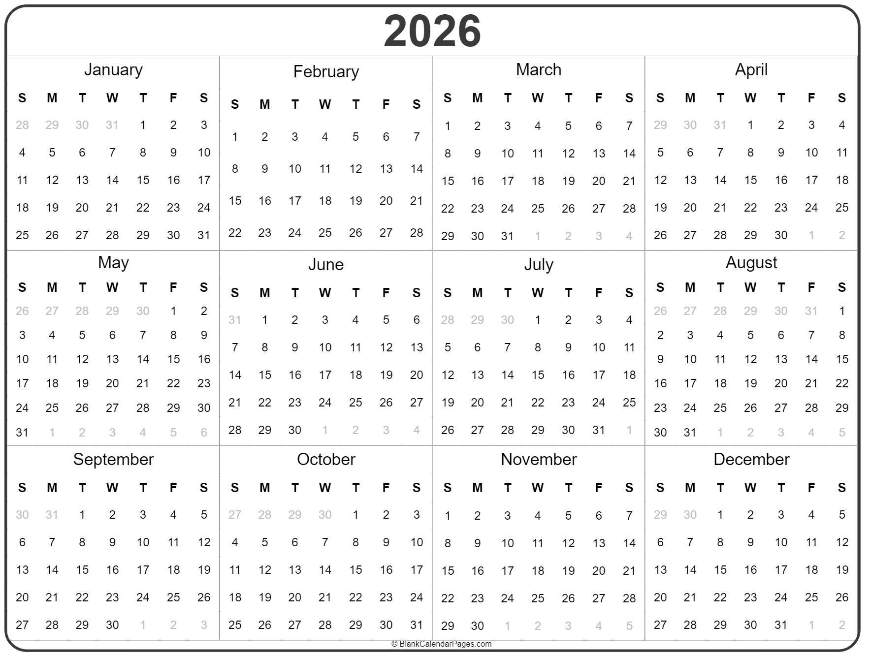 2026 Year Calendar | Yearly Printable