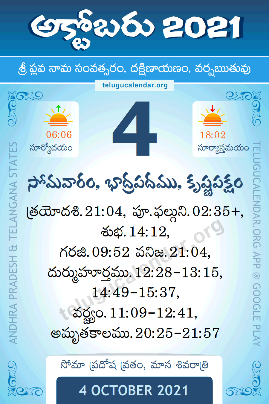 4 October 2021 Panchangam Calendar Daily In Telugu