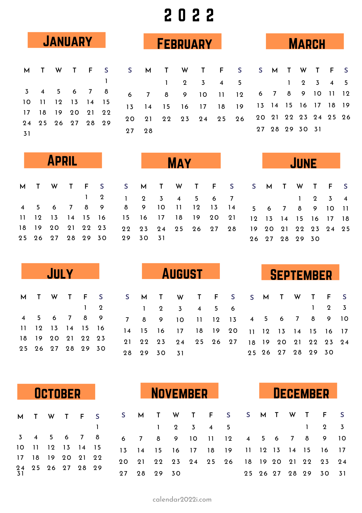 A4 Size 2022 Yearly Calendar Printable Free Download In