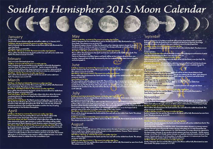 A4 Southern Hemisphere Wiccan 2015 Moon Calendar With