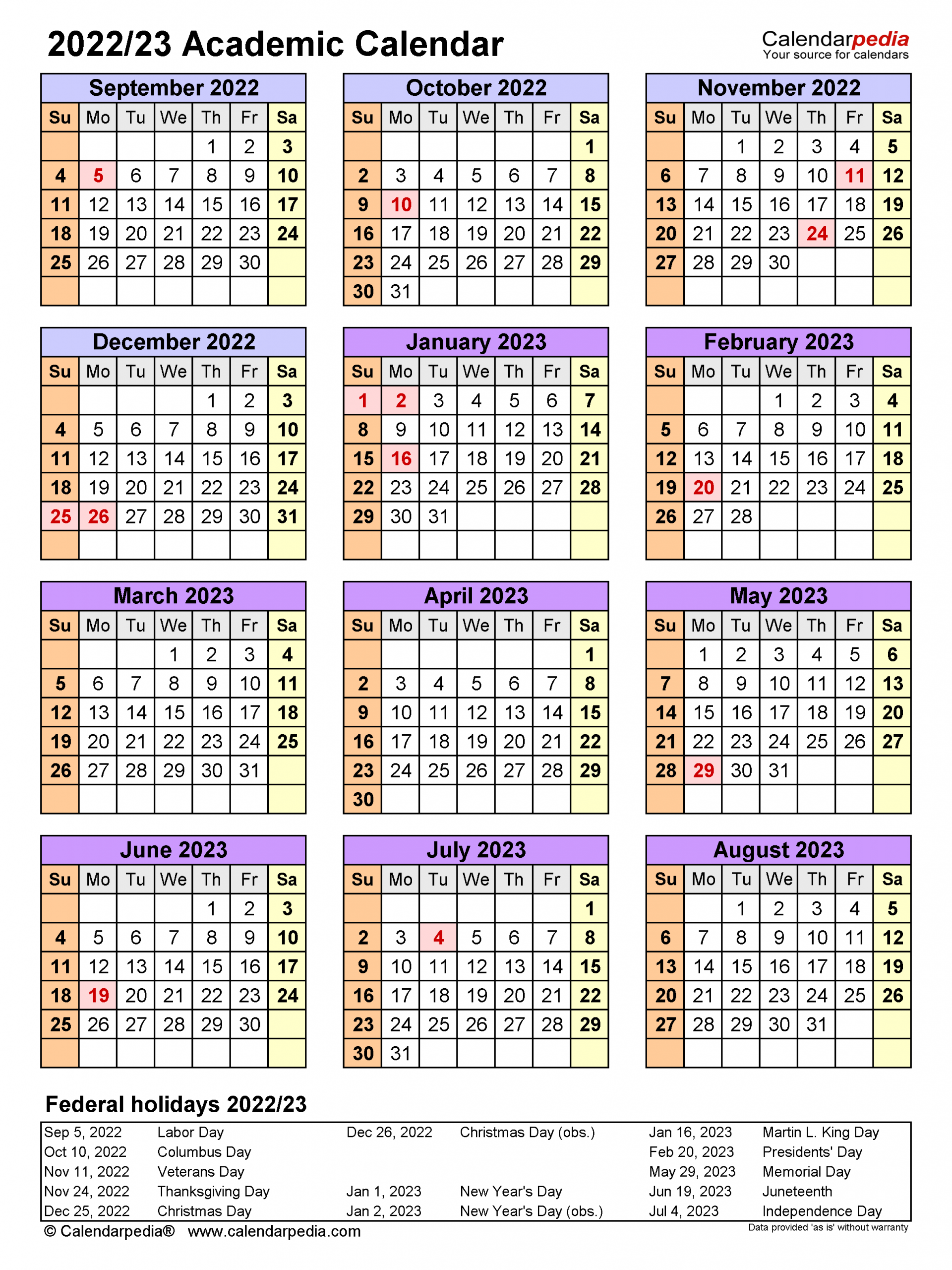 Academic Calendars 2022/2023 - Free Printable Word Templates