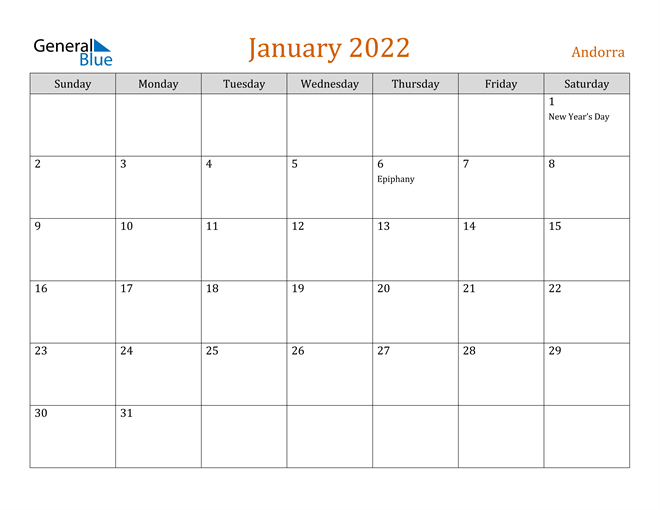 Andorra January 2022 Calendar With Holidays