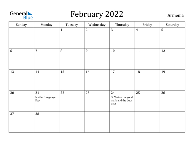 Armenia February 2022 Calendar With Holidays