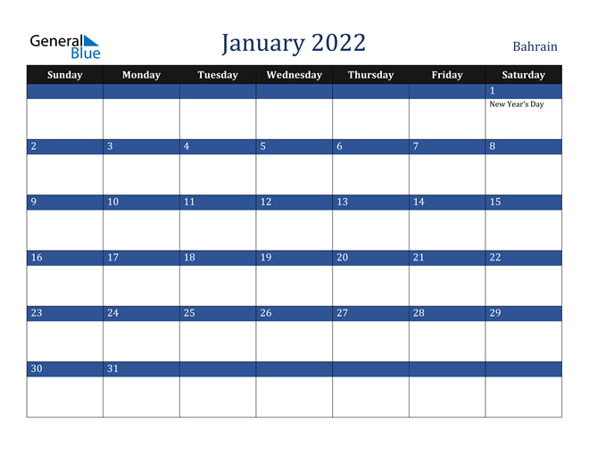 Bahrain January 2022 Calendar With Holidays