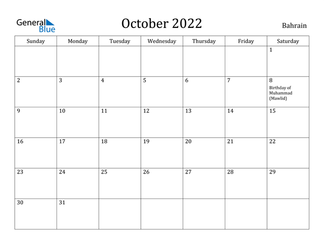 Bahrain October 2022 Calendar With Holidays