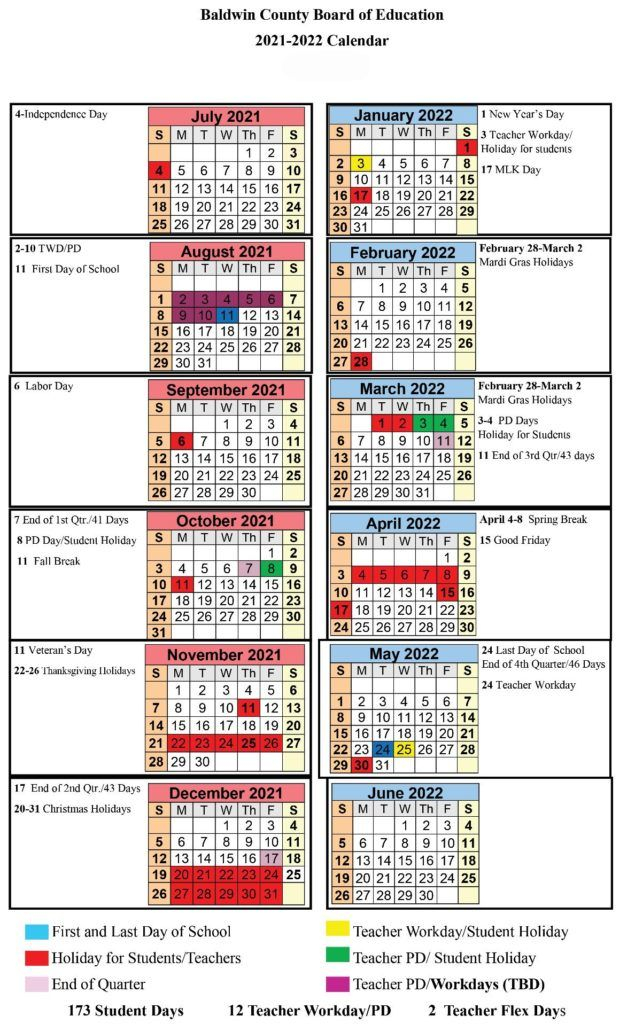 Baldwin County Public Schools Calendar 2021-2022