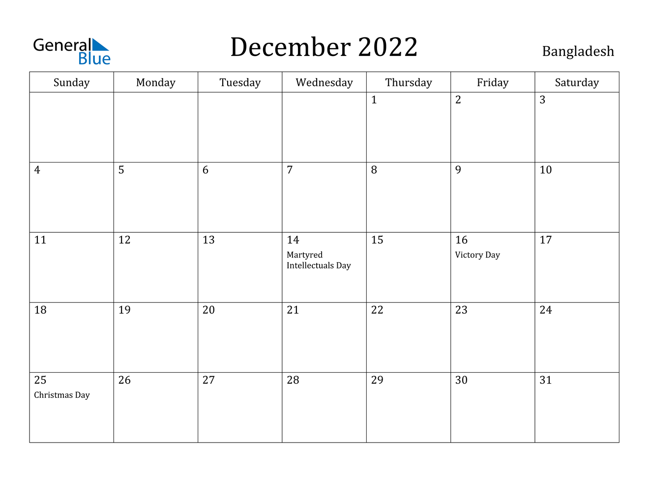 Bangladesh December 2022 Calendar With Holidays