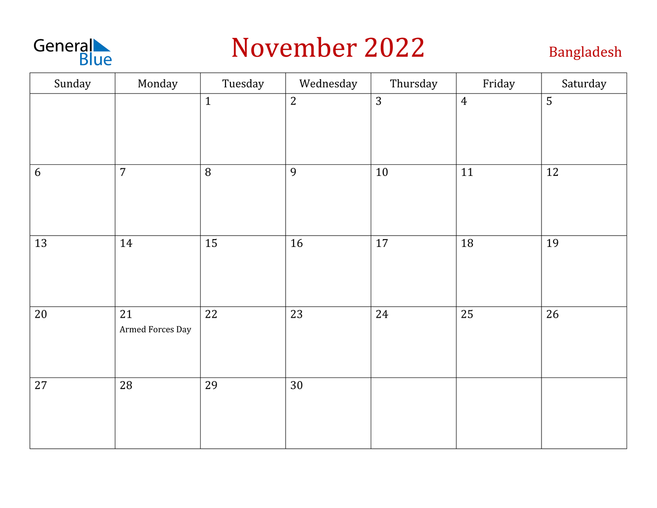 Bangladesh November 2022 Calendar With Holidays