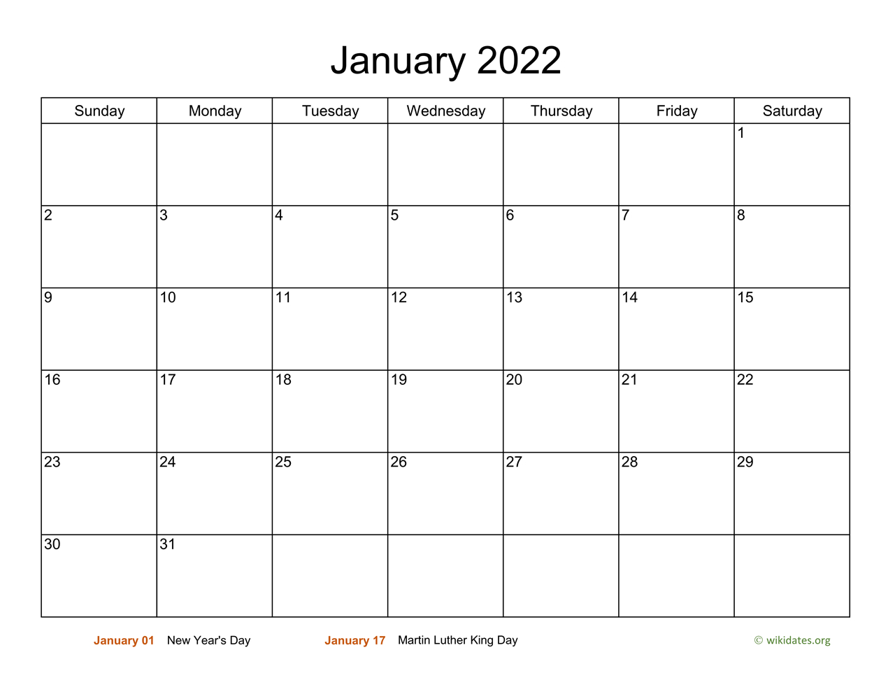 Basic Calendar For January 2022 | Wikidates