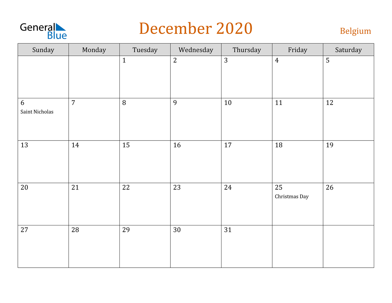 Belgium December 2020 Calendar With Holidays