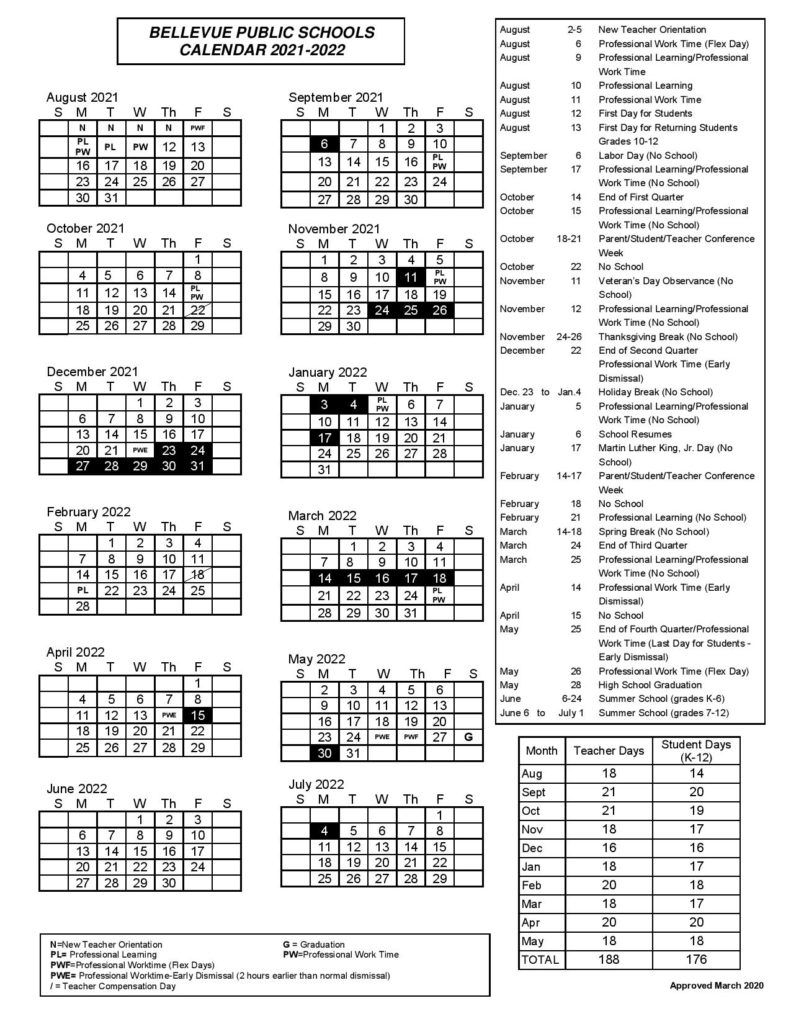 Bellevue School District Calendar 2021-2022 In Pdf