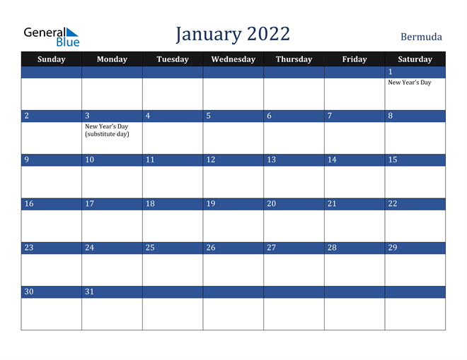 Bermuda January 2022 Calendar With Holidays