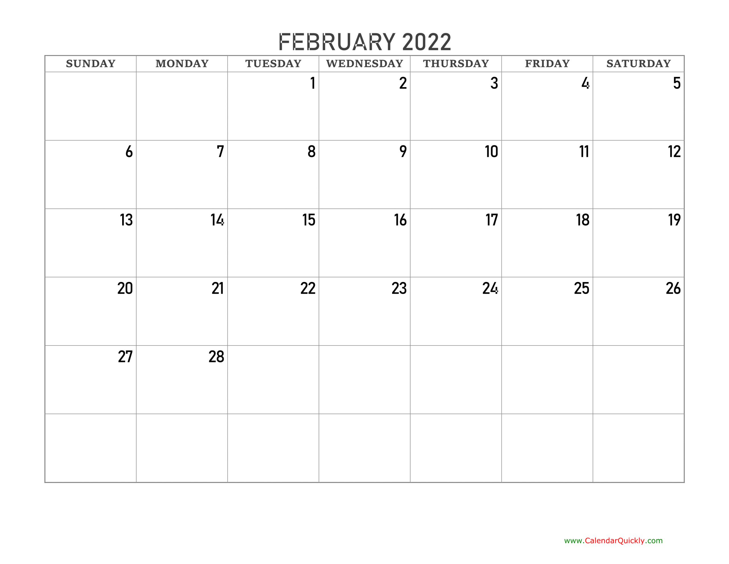 Blank Calendar February 2022 Printable