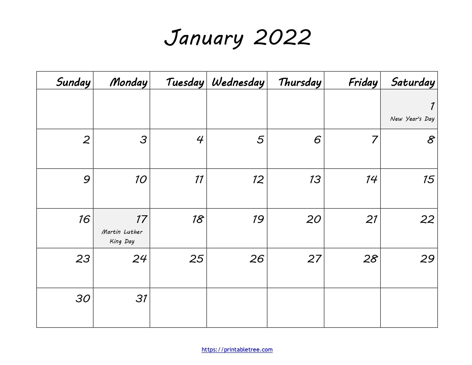 Blank Printable Calendar January 2022 With Holidays Template