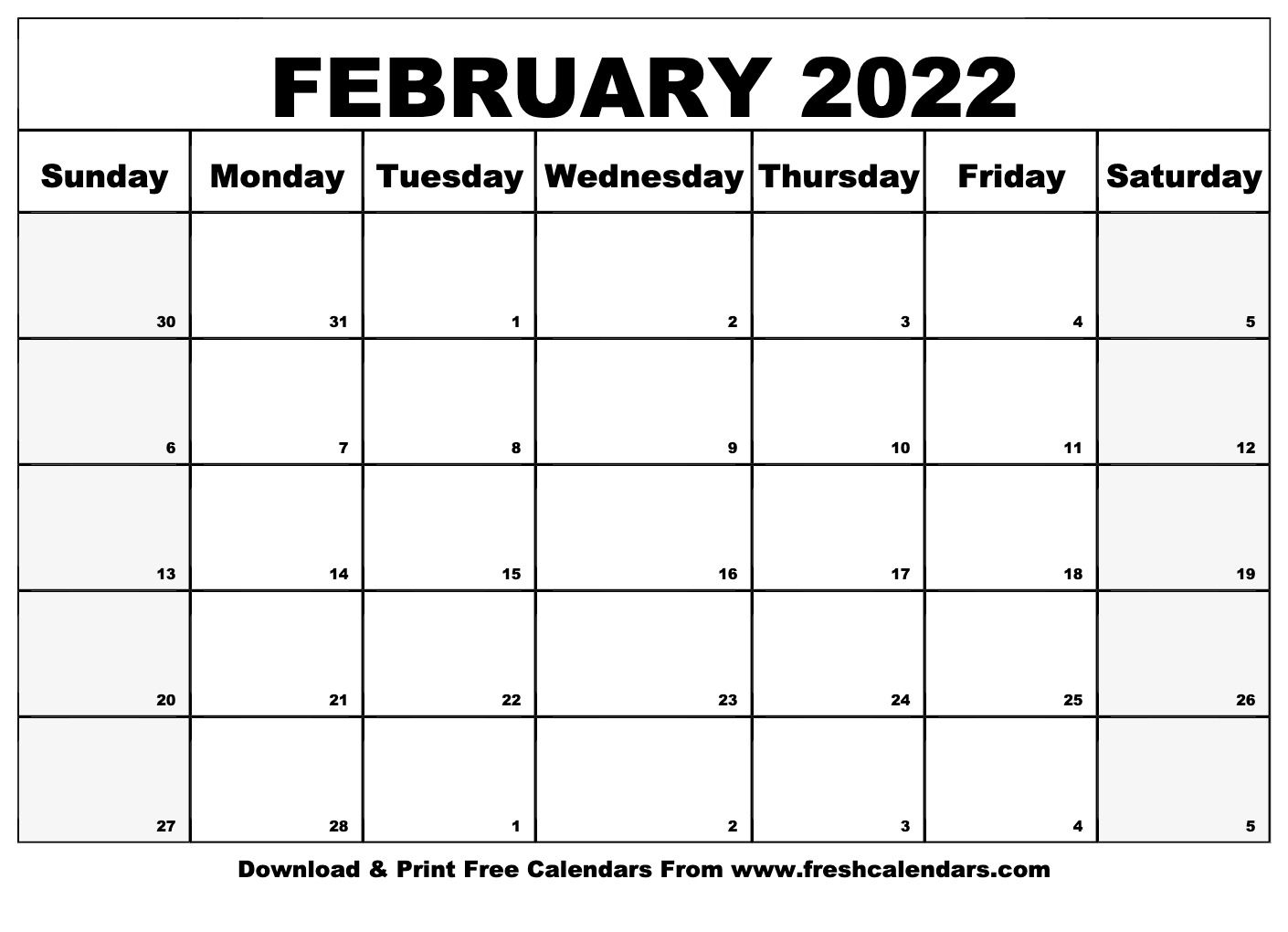 Blank Printable February 2022 Calendars