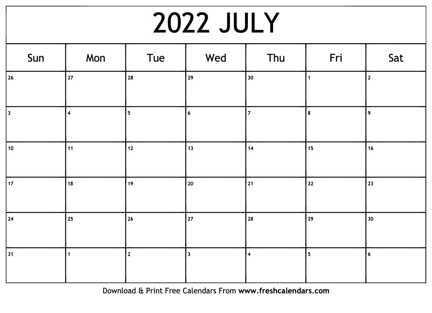 Blank Printable July 2022 Calendars