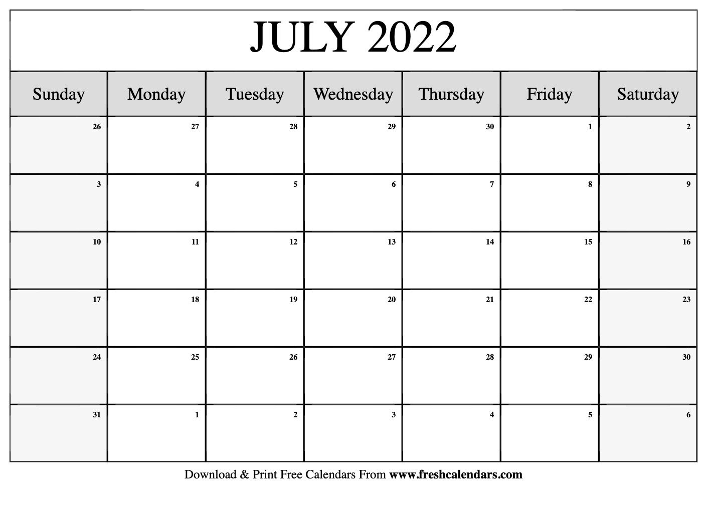 Blank Printable July 2022 Calendars