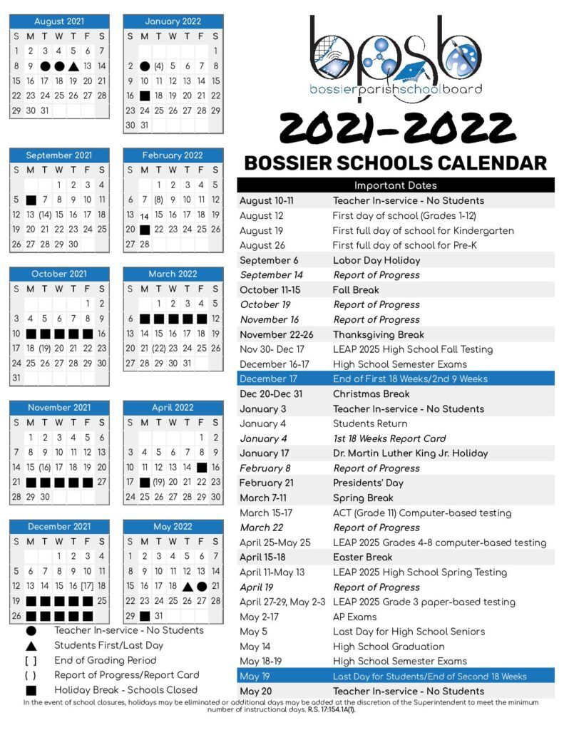 Bossier Parish Schools Calendar Holidays 2021-2022