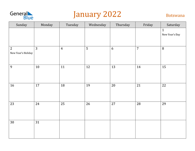 Botswana January 2022 Calendar With Holidays