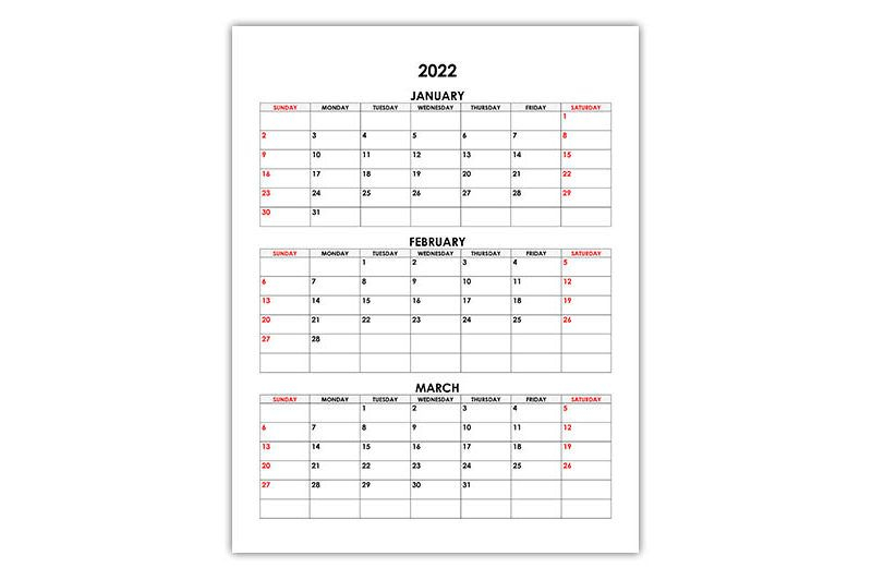 Calendar 2022 Jan Feb March