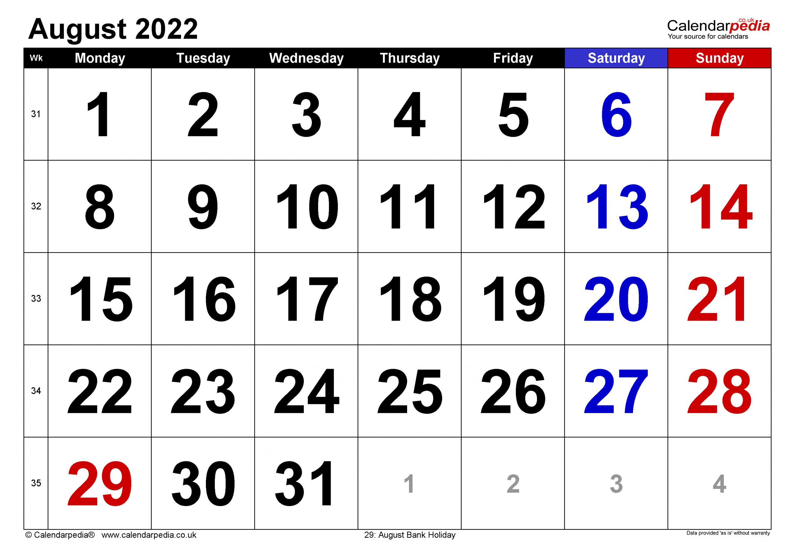 Calendar August 2022 Uk With Excel, Word And Pdf Templates