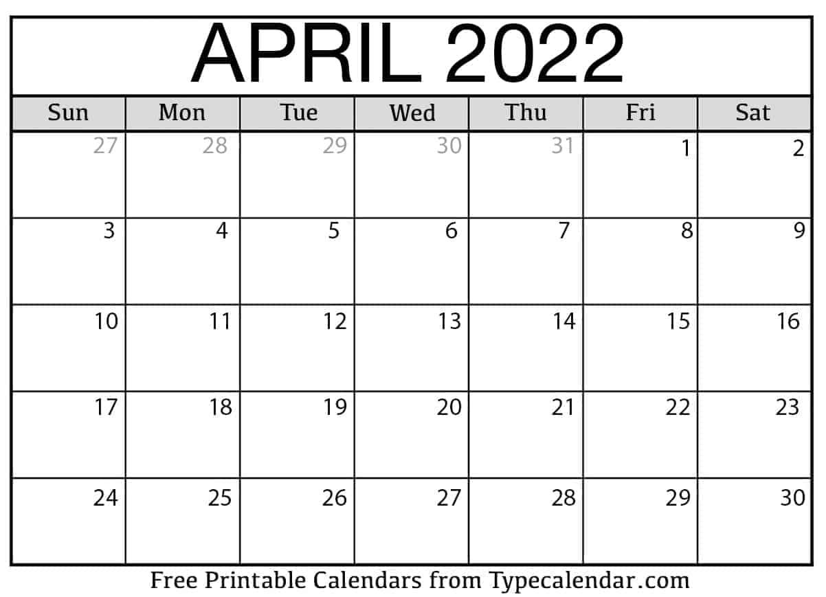 Calendar Blank 2022 April