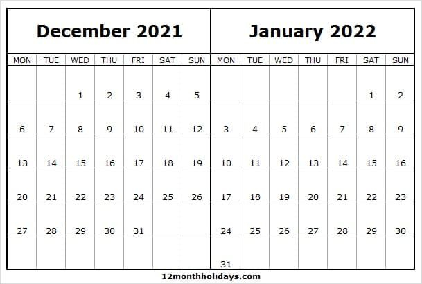 Calendar December 2021 January 2022 : Free January 2022