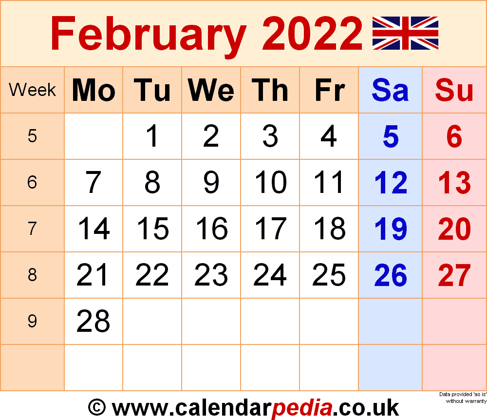 Calendar February 2022 Uk With Excel, Word And Pdf Templates