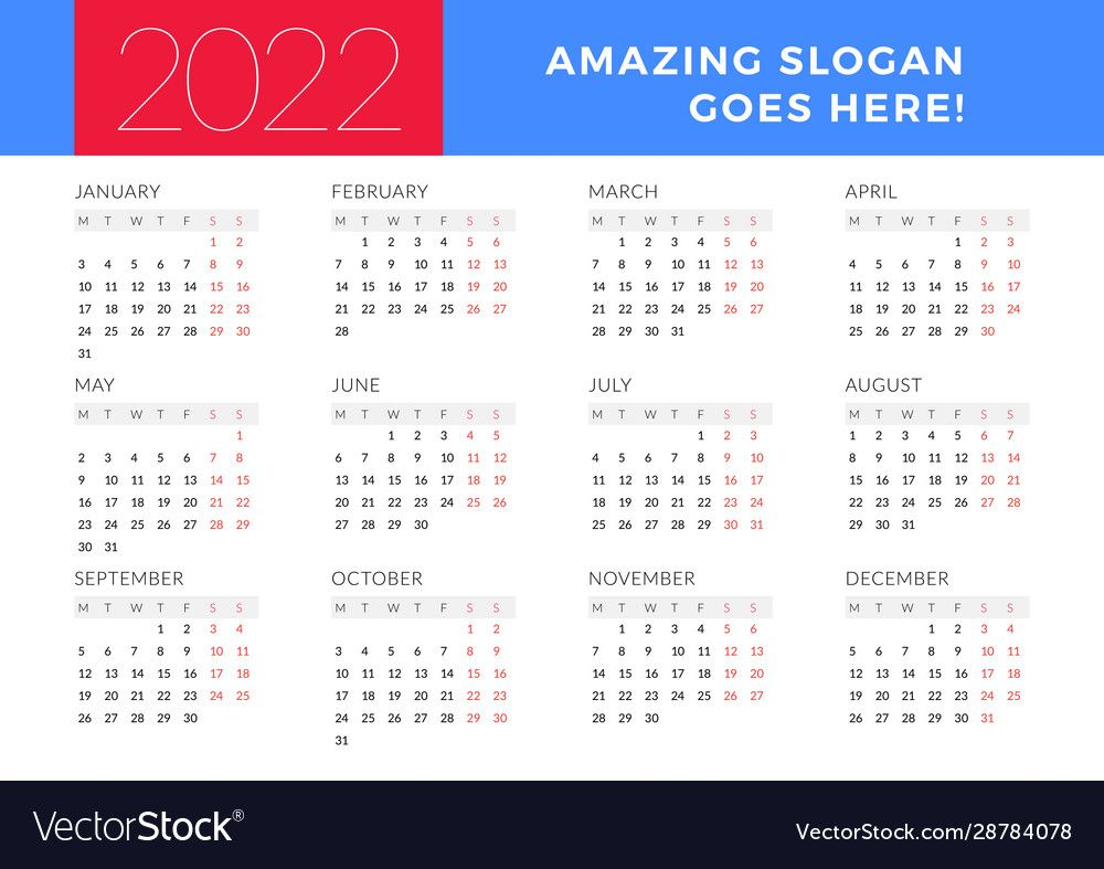Calendar For 2022 Year Week Starts On Monday Vector Image
