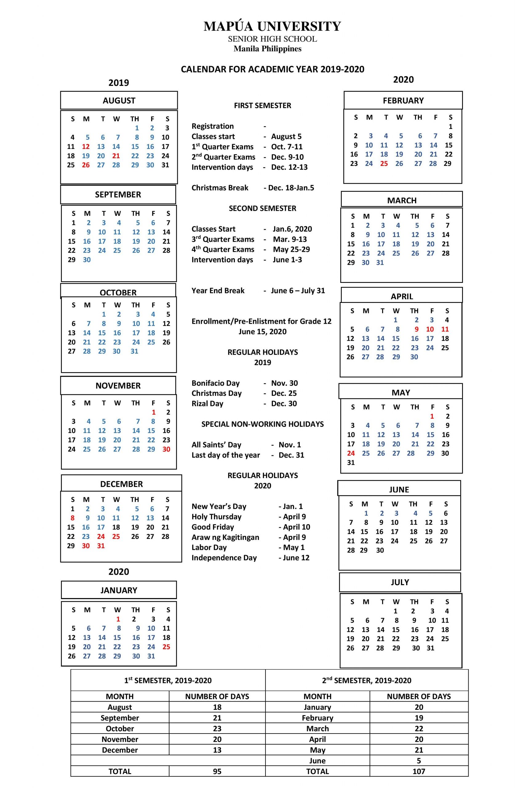 Calendar For Academic Year 2019-2020 (Senior High School